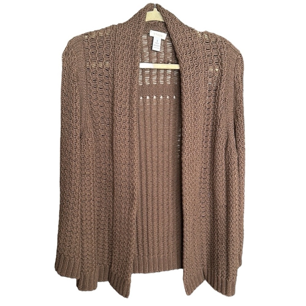 CHICO’S Crochet Open Cardigan Sweater‎ Brown Neutral Bohemian Earthy Size Medium